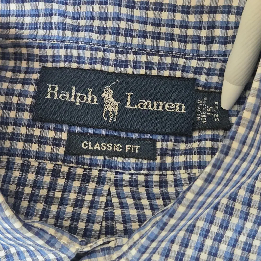 Polo Ralph Lauren Button Down Mens 15 32/33 White & Blue Long Sleeve Pony Logo
